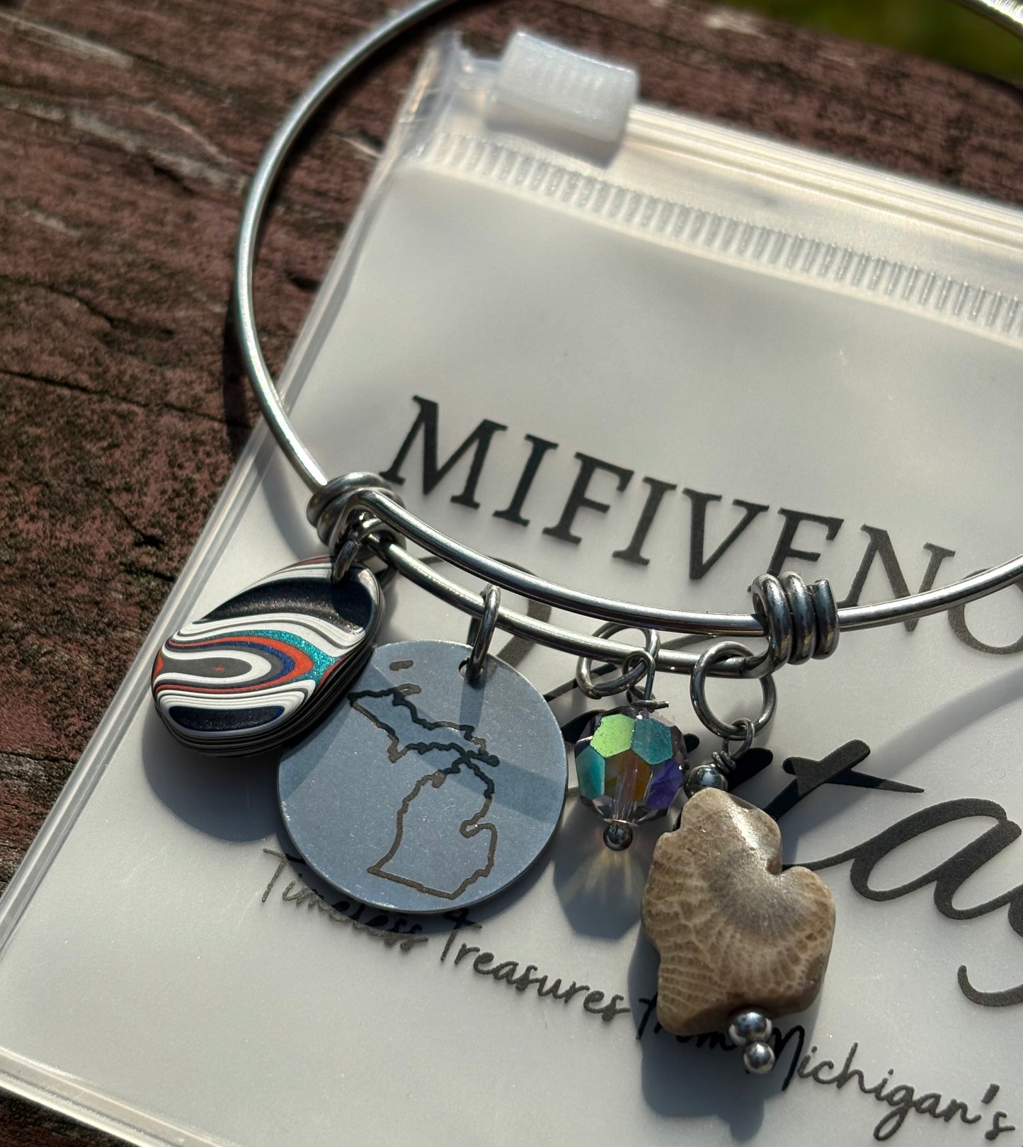 Michigan Charm Bracelet – Petoskey Stone, Fordite & Swarovski Crystal