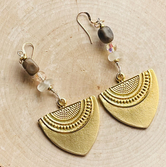 Gold plated brass geometrical pendant earrings with beach glass, Swarovski crystals and Petoskey stones