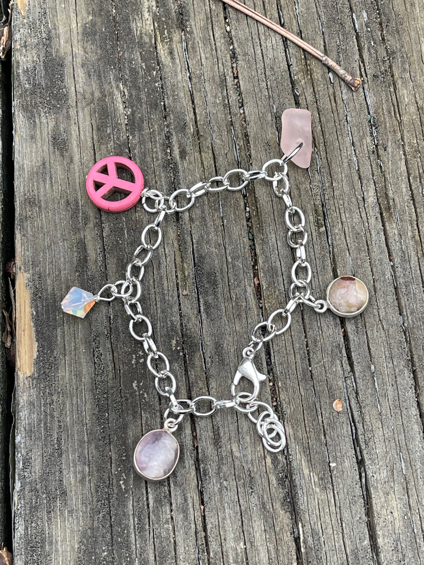 Pink Michigan Beach Glass Charm Bracelet + Pudding Stone + Amethyst