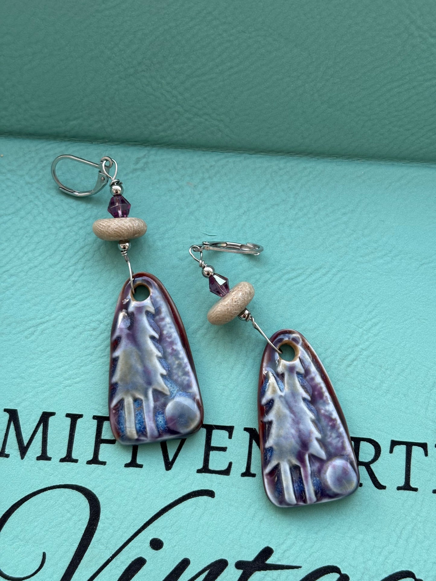 Petoskey stone + handmade ceramic landscape charm earrings