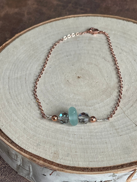 Beautiful Authentic Baby Blue beach glass + Vintage Swarovski crystals 9” anklet
