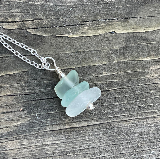 Teal + light blue authentic Lake Michigan beach glass necklace