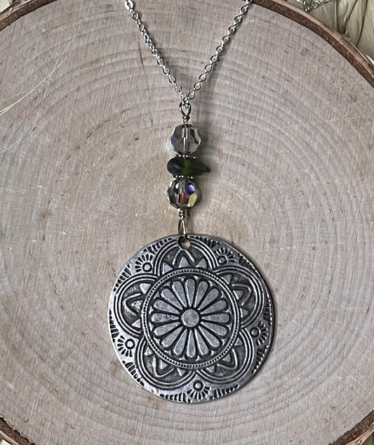 Sterling silver plated medallion & beach glass necklace