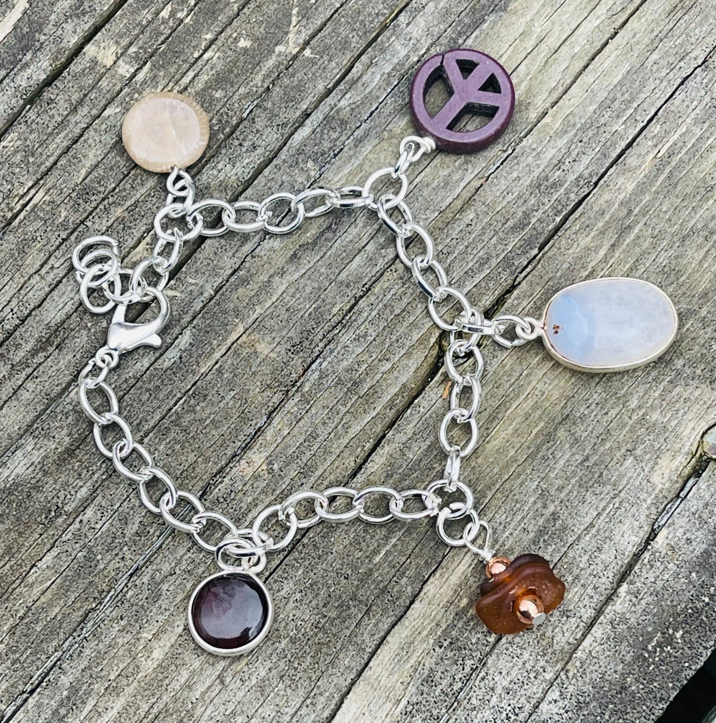 Lake Michigan beach glass + Petoskey stone + rainbow moonstone charm bracelet