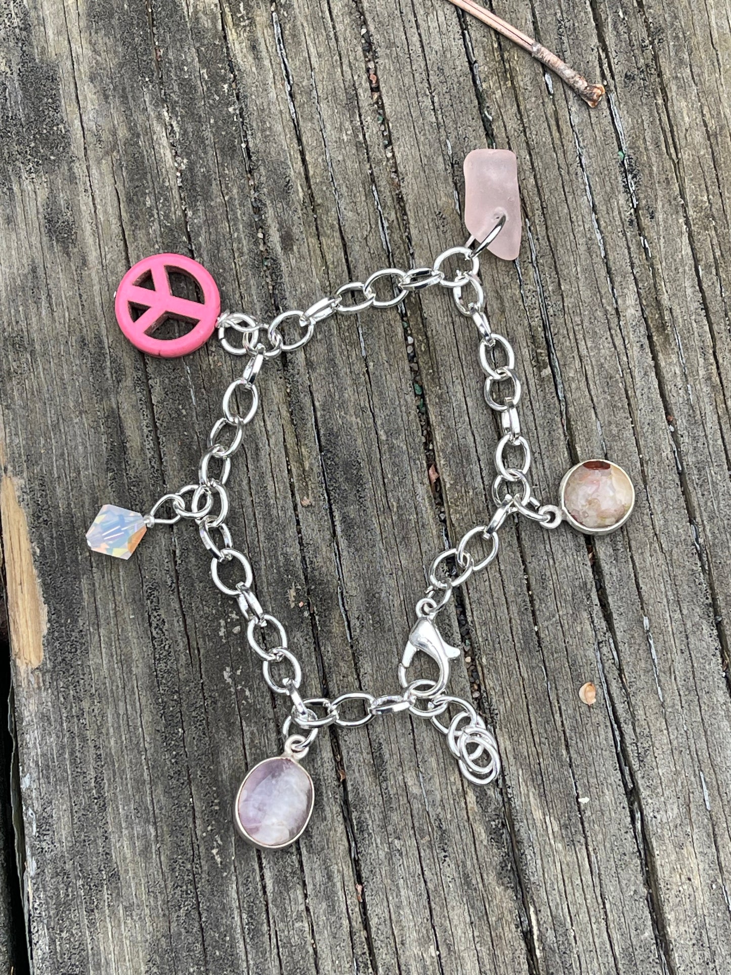 Pink Michigan Beach Glass Charm Bracelet + Pudding Stone + Amethyst