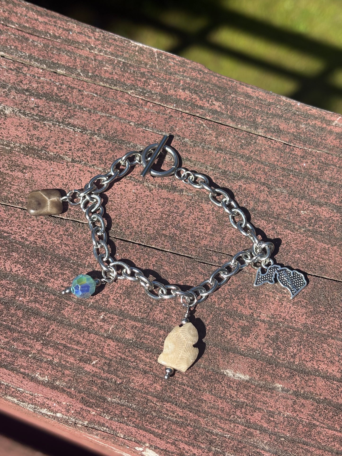 Michigan Charm Bracelet – Petoskey Stone & Vintage Swarovski Crystal | 7” Stainless Steel Toggle