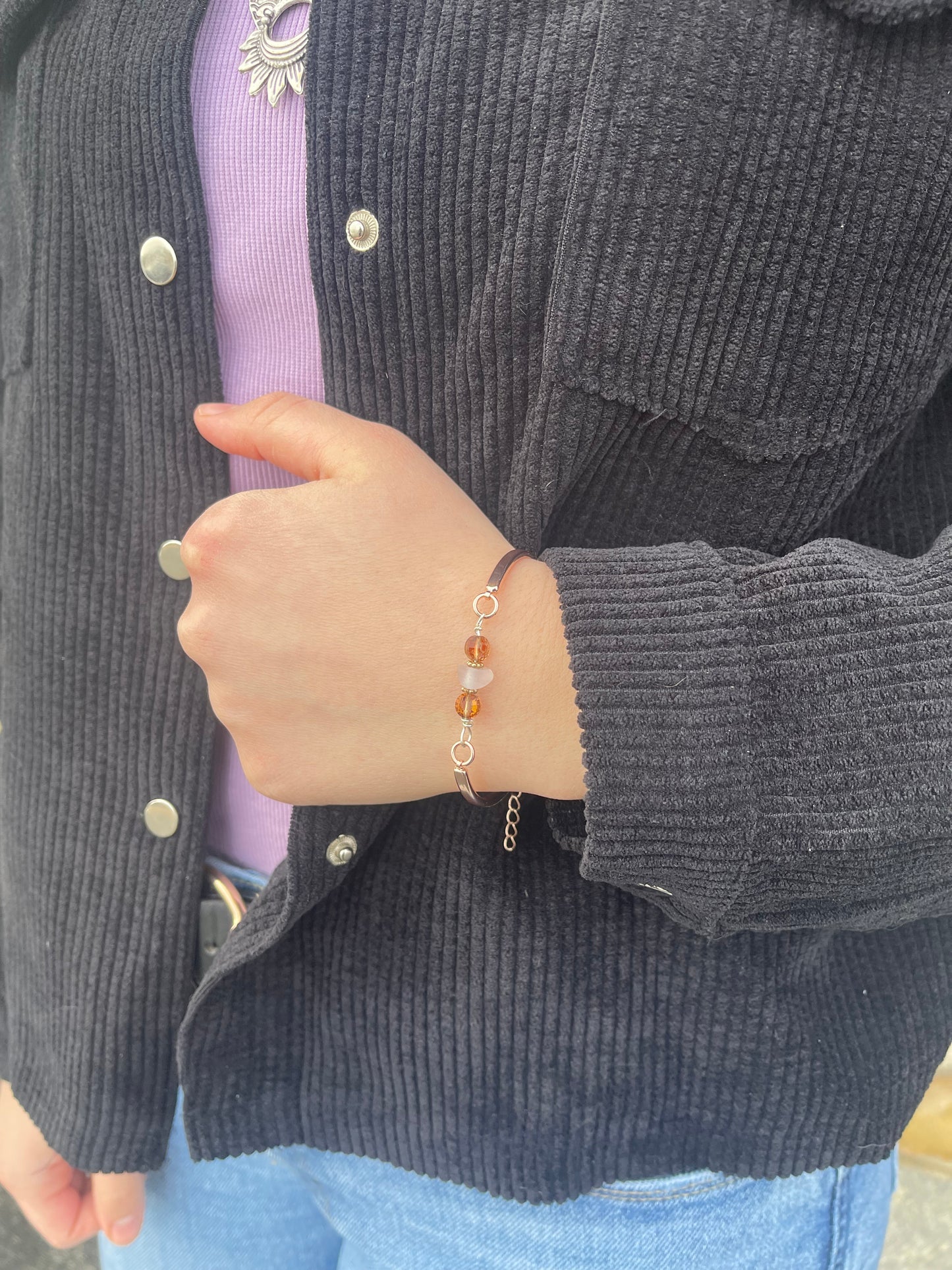 Michigan Beach glass & rose gold plated adjustable bracelet