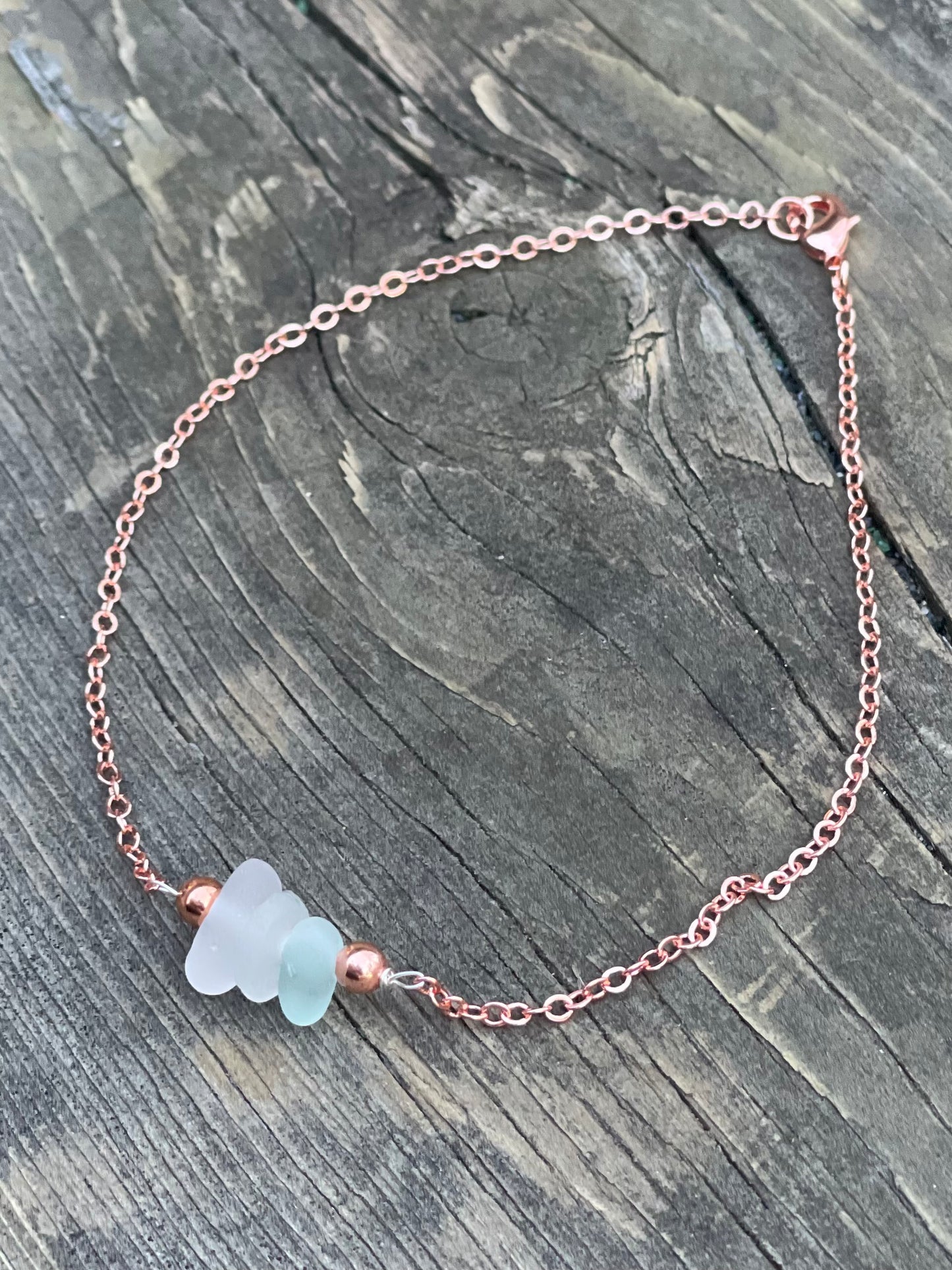 Pretty 9.5”Rose Gold Plated anklet with authentic Great Lakes Beach Glass