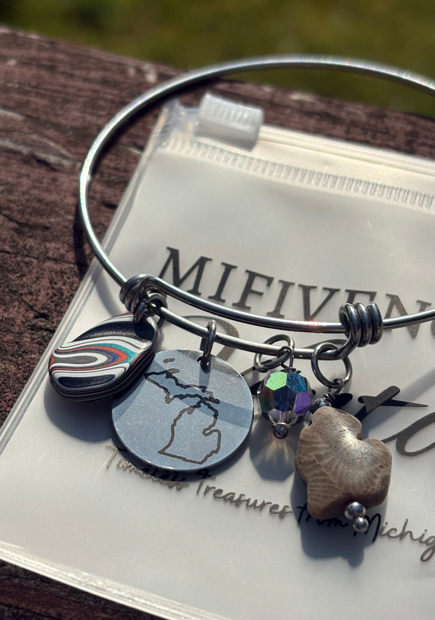 Michigan Charm Bracelet – Petoskey Stone, Fordite & Swarovski Crystal