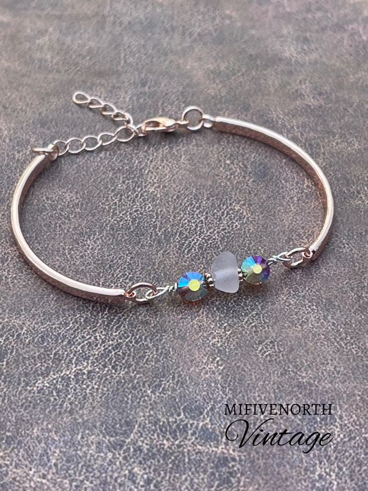 Rose Gold Plated Adjustable Bangle Bracelet + Great Lakes Beach Glass & Vintage Swarovski Crystal beads