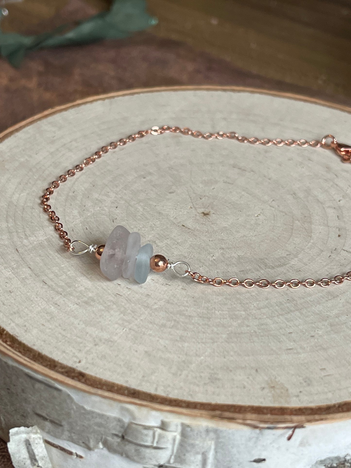 10” Rose gold plated anklet with pastel authentic Great Lakes beach glass