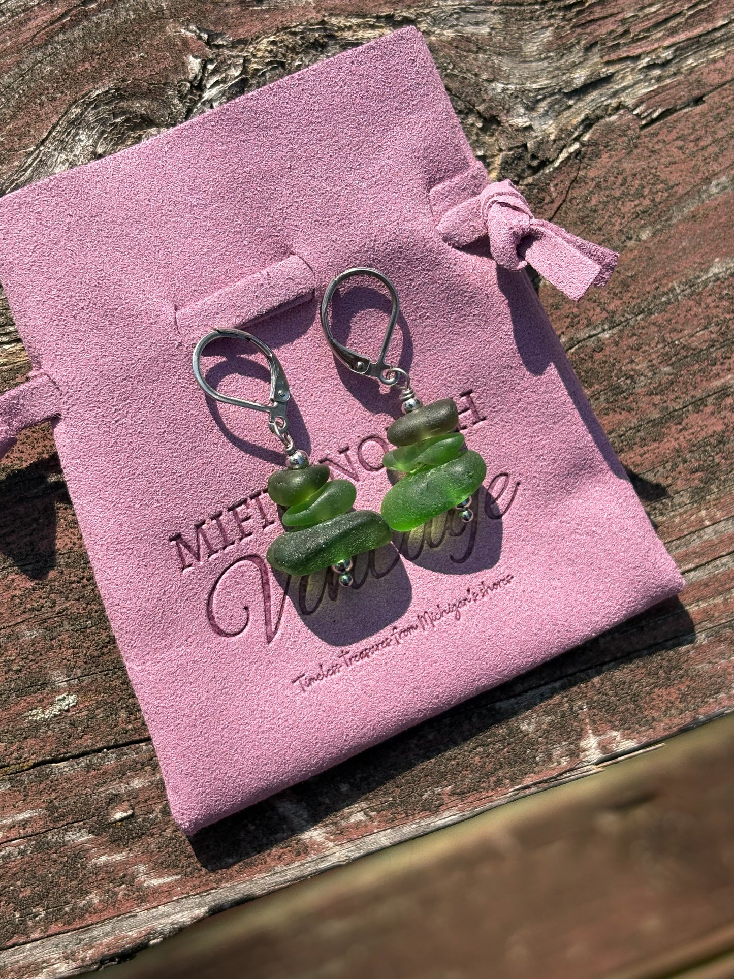 Lake Michigan Stacked Green Beach Glass Earrings – Olive & Emerald Blend