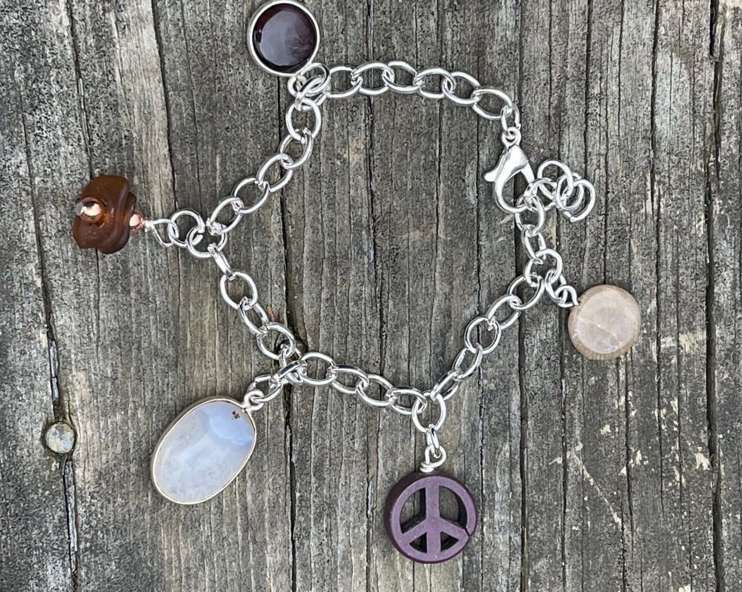 Lake Michigan beach glass + Petoskey stone + rainbow moonstone charm bracelet