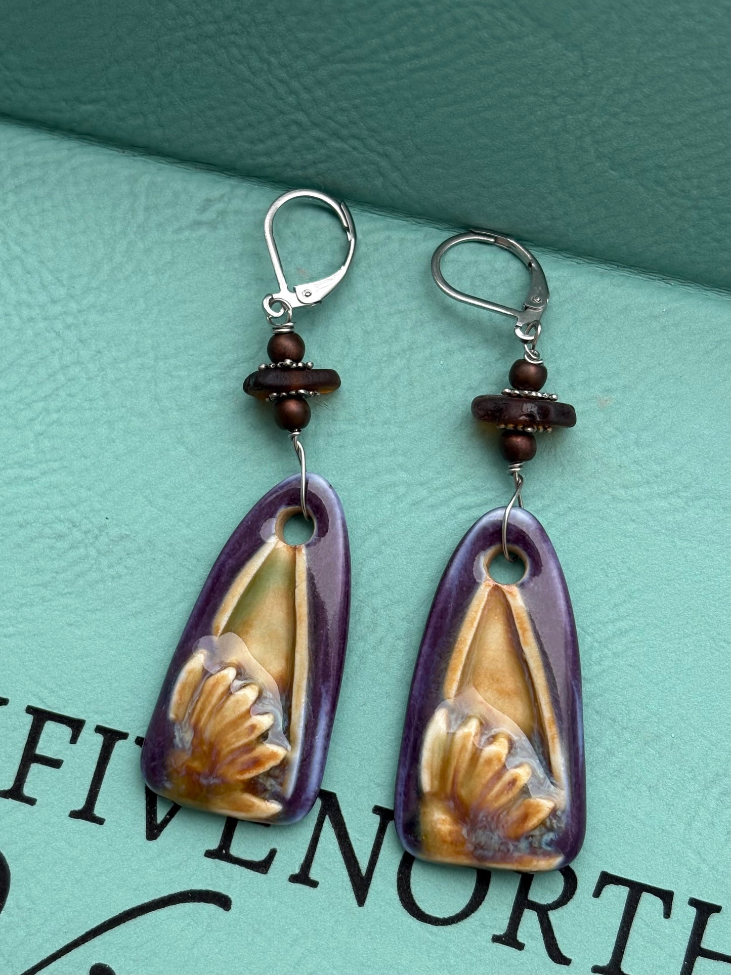 Deep purple Flower Charm Earrings with Lake MI beach glaaa