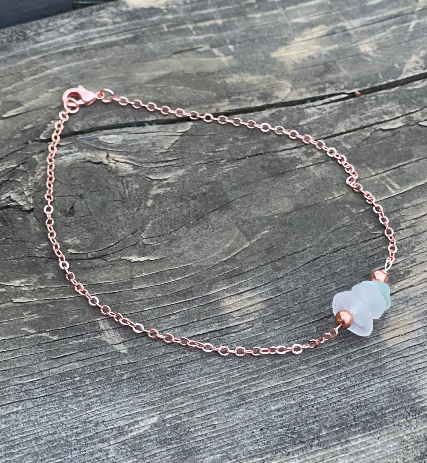 Pretty 9.5”Rose Gold Plated anklet with authentic Great Lakes Beach Glass
