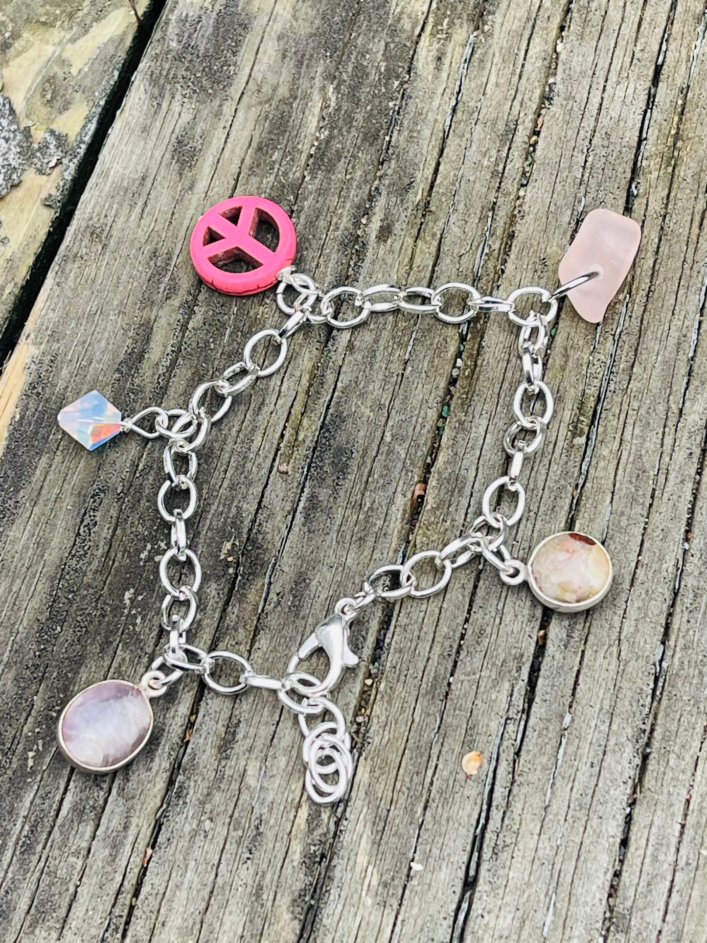 Pink Michigan Beach Glass Charm Bracelet + Pudding Stone + Amethyst