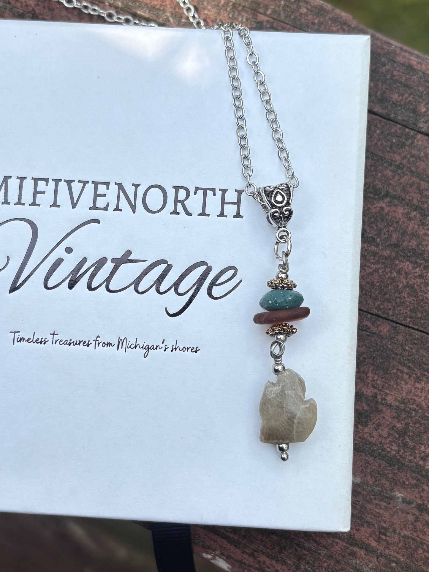 Michigan Petoskey Stone Pendant Necklace – Beach Glass & Leland Blue Accent