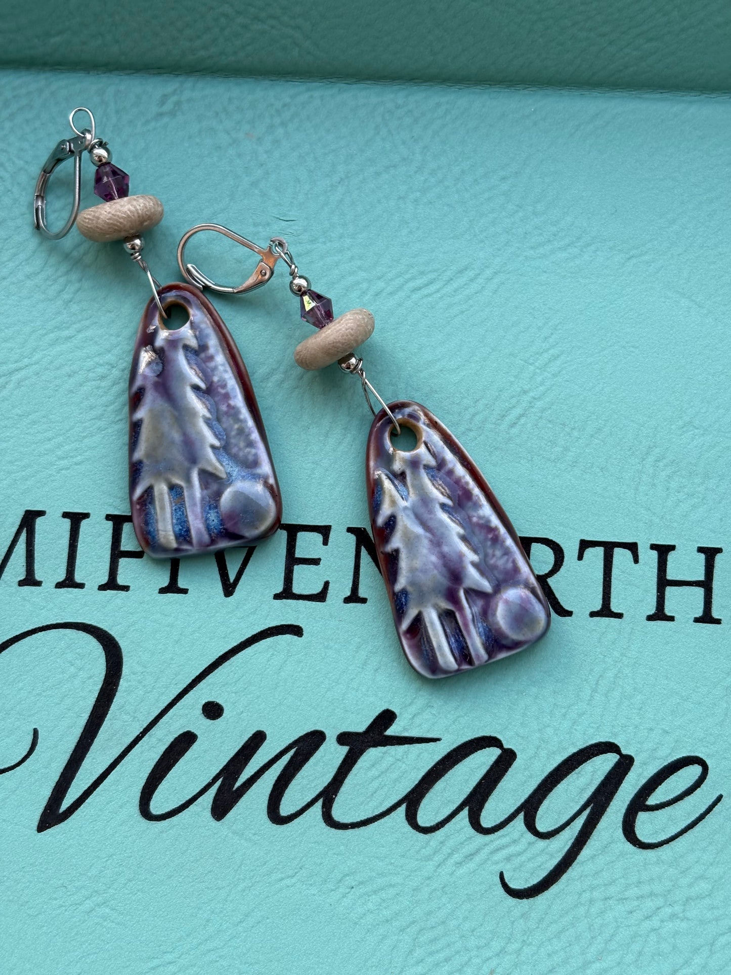 Petoskey stone + handmade ceramic landscape charm earrings