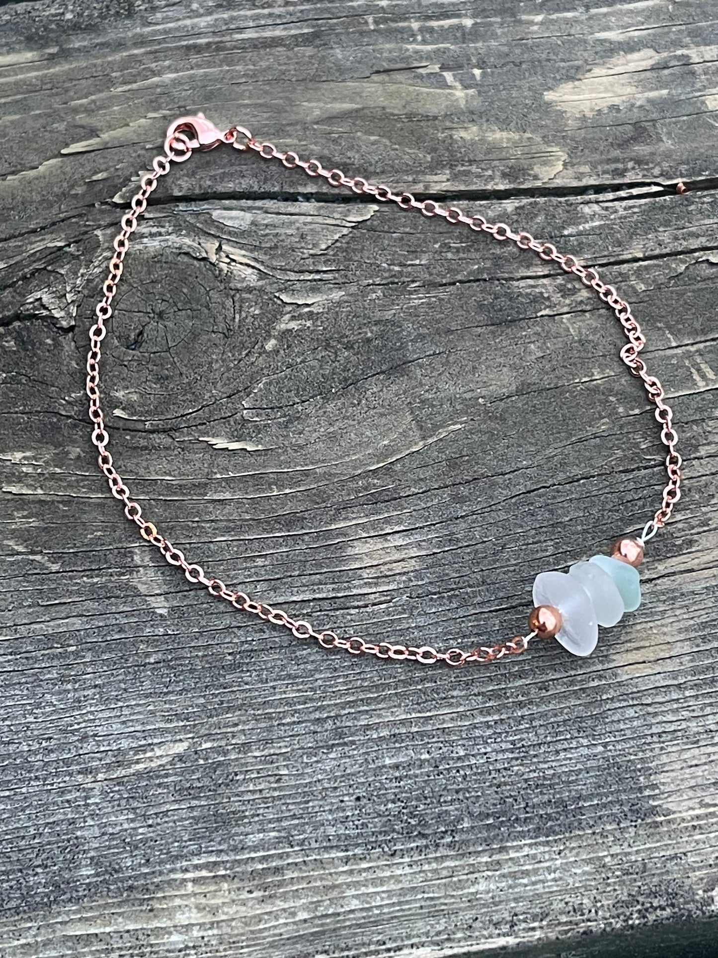 Pretty 9.5”Rose Gold Plated anklet with authentic Great Lakes Beach Glass
