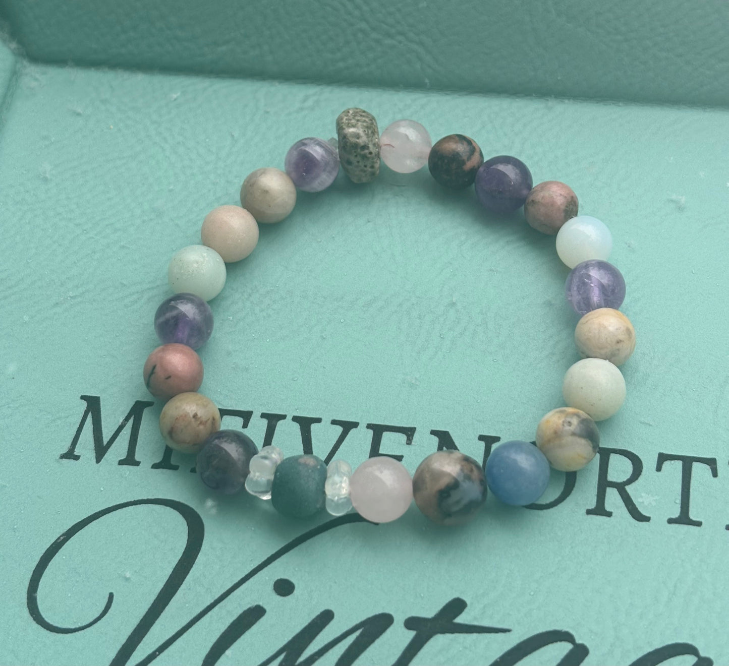 7” stretch mixed gemstone bracelet with Leland blue stones