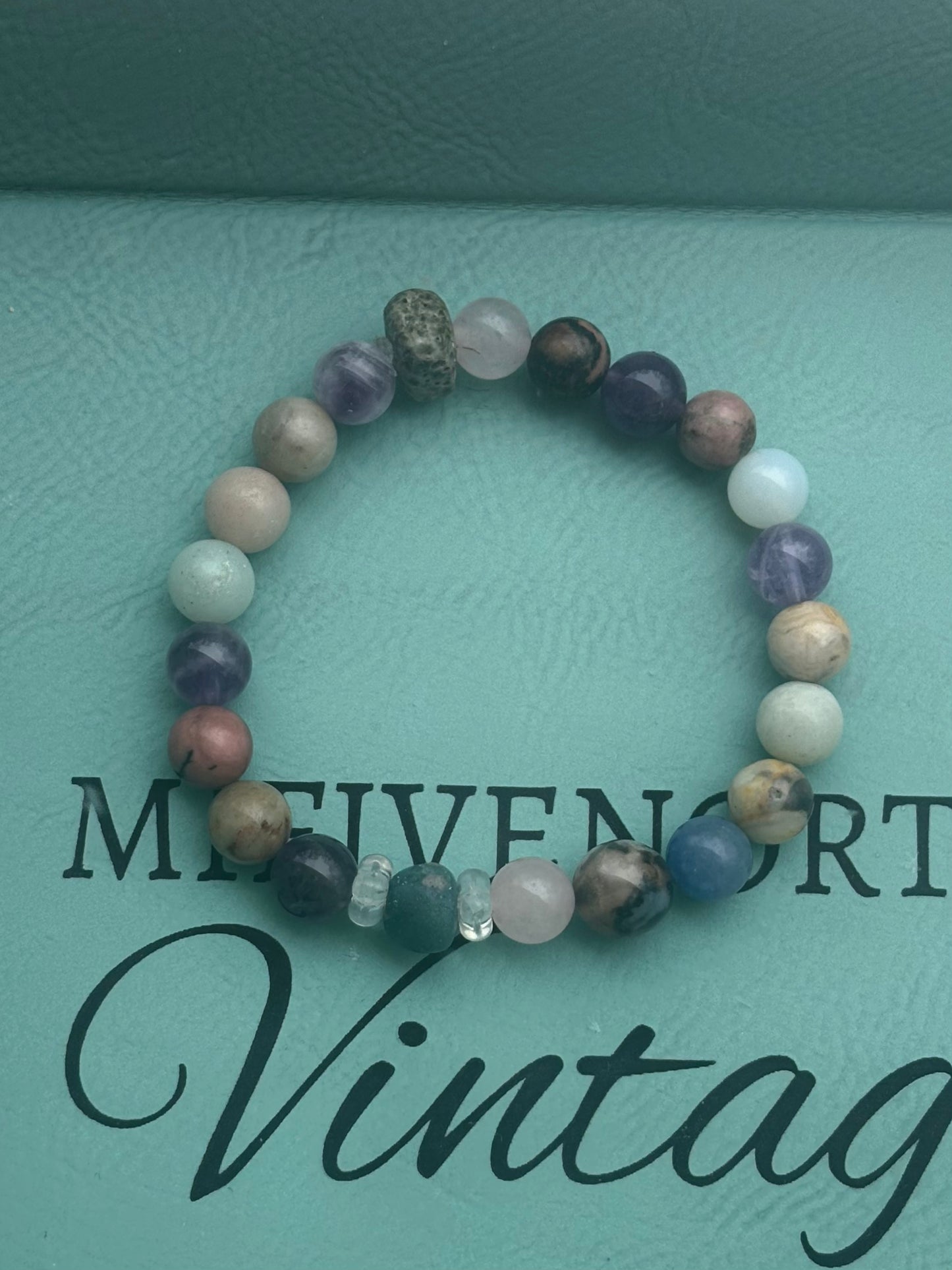 7” stretch mixed gemstone bracelet with Leland blue stones