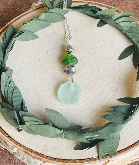 Gorgeous Lake Michigan Authentic Beach Glass pendant necklace + vintage Swarovski crystal