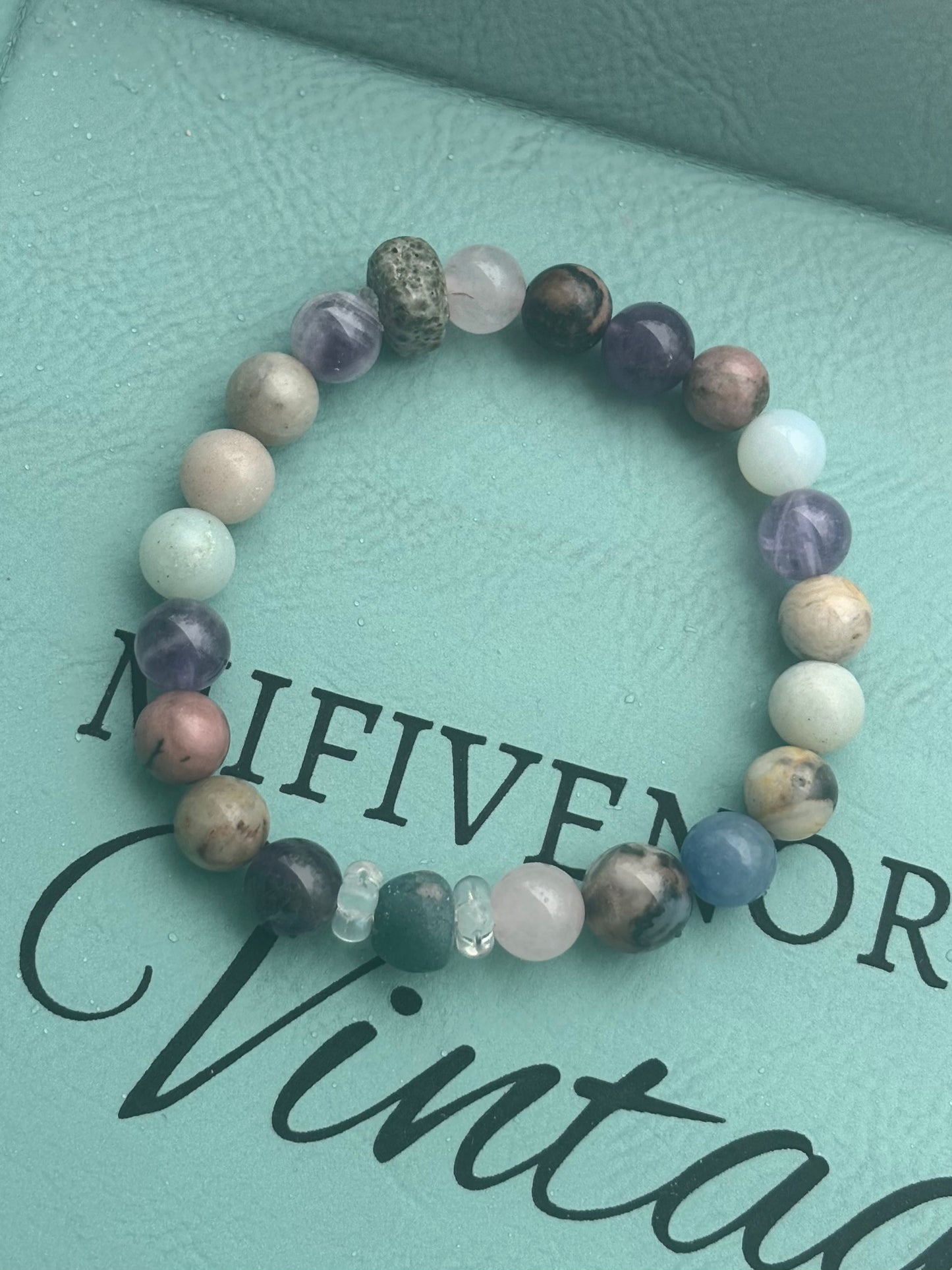 7” stretch mixed gemstone bracelet with Leland blue stones