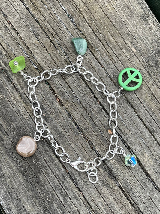 Green Charm Bracelet with Lake Michigan beach glass + Petoskey stone + Leland blue stone
