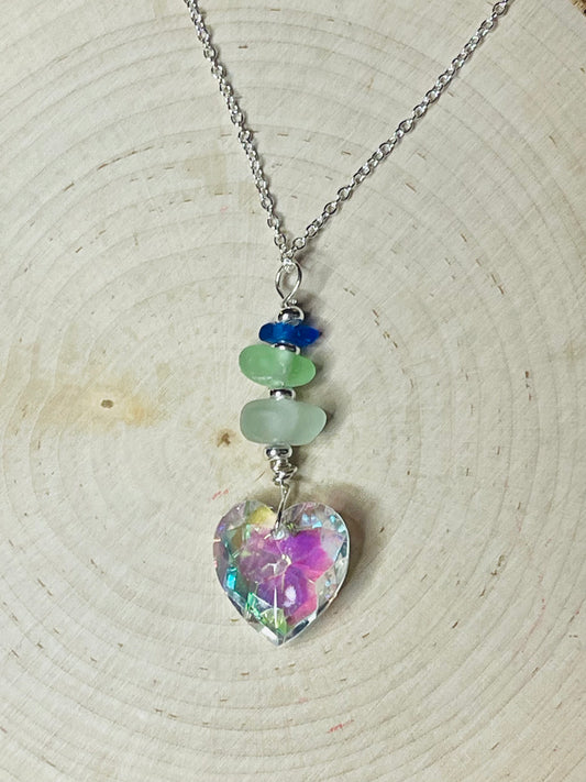 Gorgeous iridescent authentic vintage Swarovski pendant with Lake Michigan beach glass