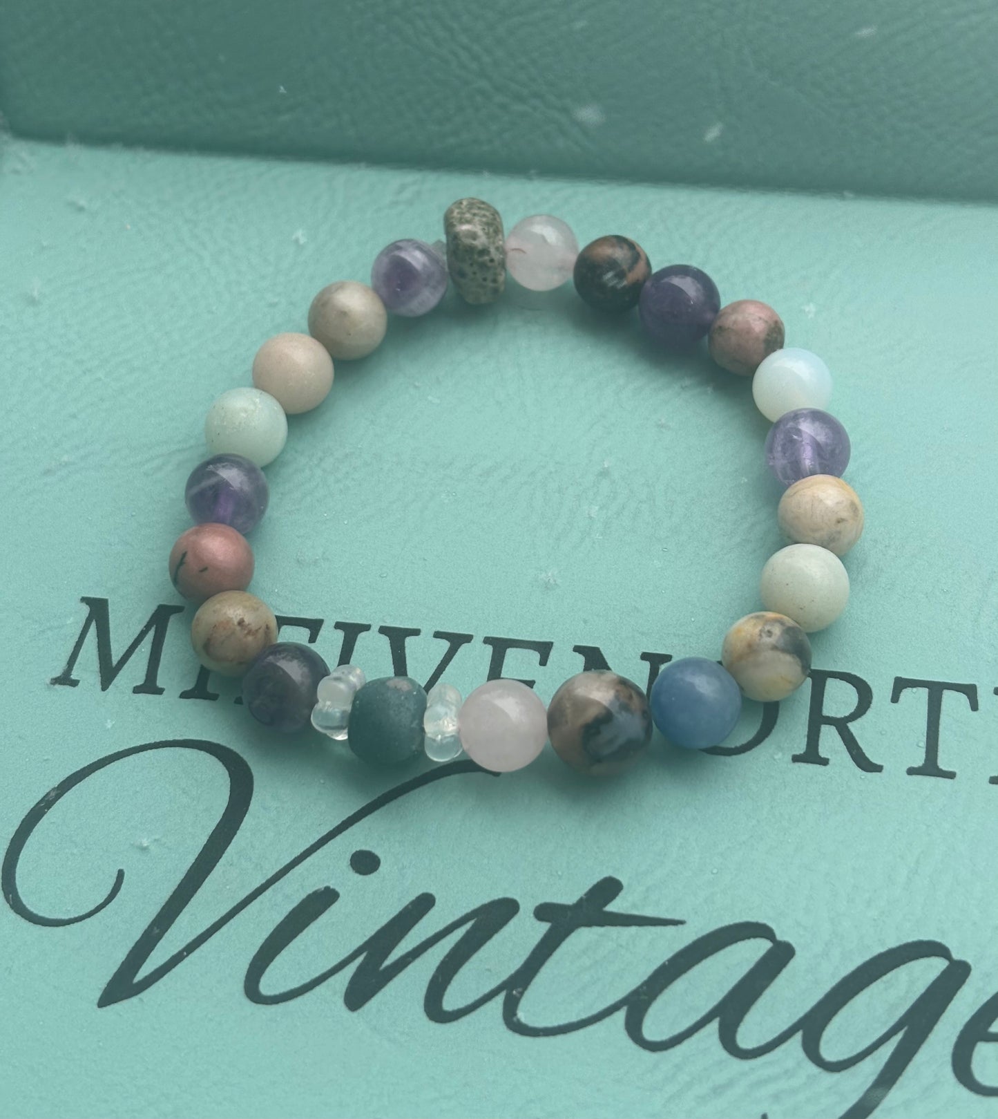 7” stretch mixed gemstone bracelet with Leland blue stones