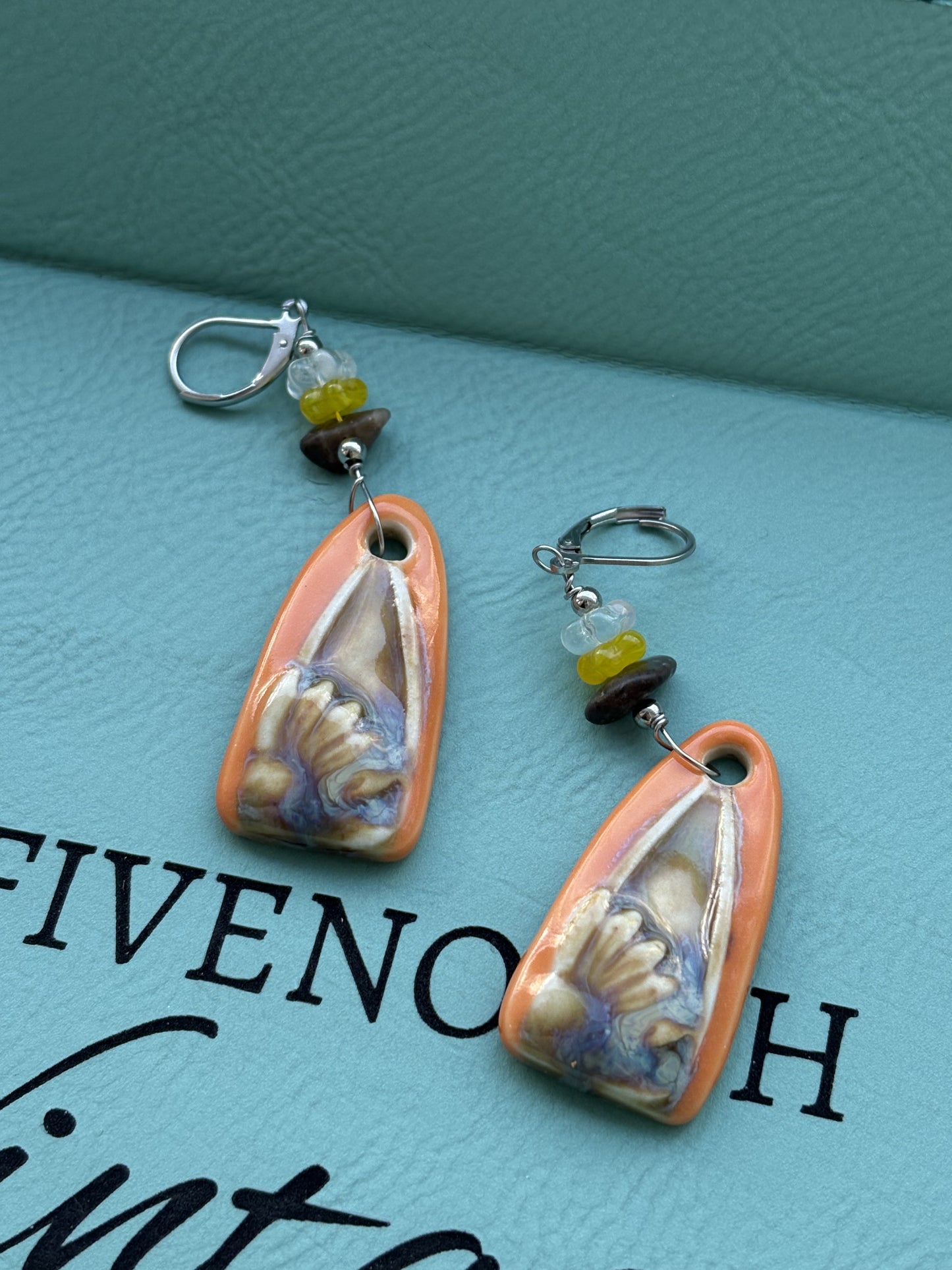 Petoskey stone & ceramic flower earrings