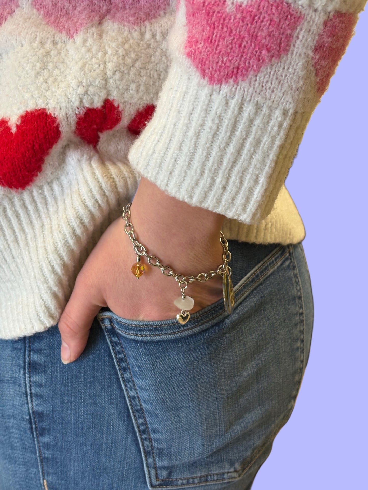 Petoskey stone & Beach Glass Charm Bracelet