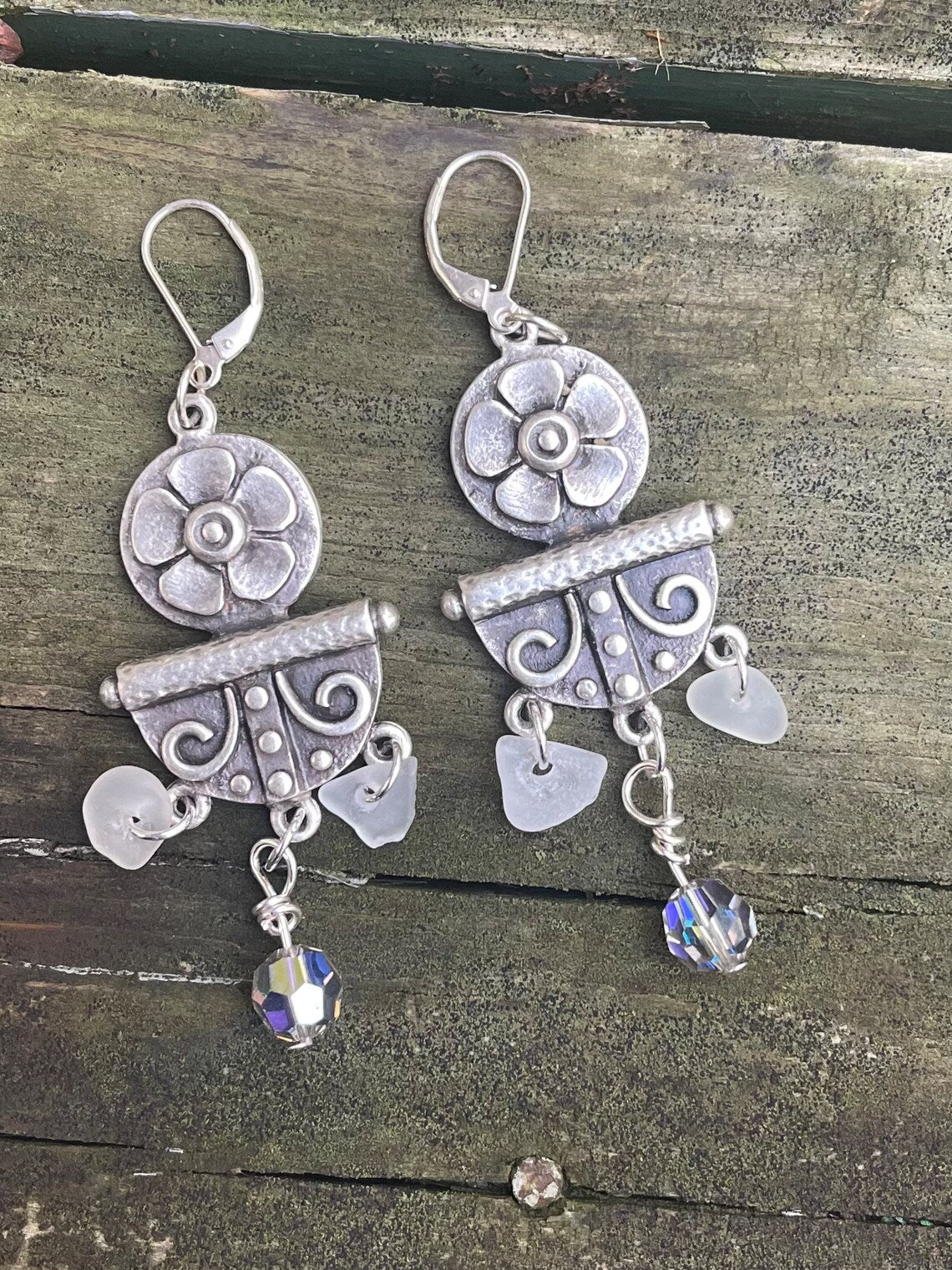 Long Silver Flower Dangle Earrings with Vintage Swarovski Crystals & White Lake Michigan Beach Glass