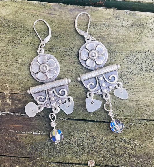 Long Silver Flower Dangle Earrings with Vintage Swarovski Crystals & White Lake Michigan Beach Glass