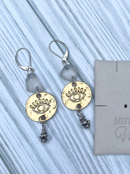 Matte Gold Boho Eye Mini Medallion & Beach Glass Dangle Earrings