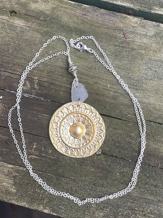 Gold Plated Medallion & White Lake Michigan Beach Glass 26" Necklace