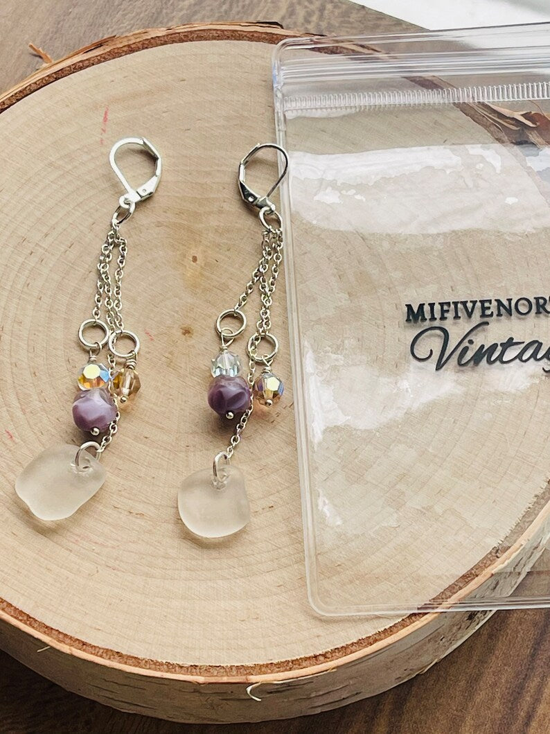 Multi-Chain Dangle Silver Plated Beach Glass Earrings