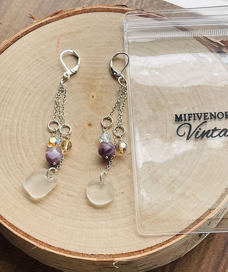 Multi-Chain Dangle Silver Plated Beach Glass Earrings