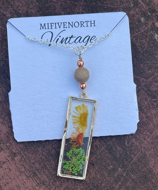 Petoskey Stone & Pressed Flower Pendant with Copper Accent Beads