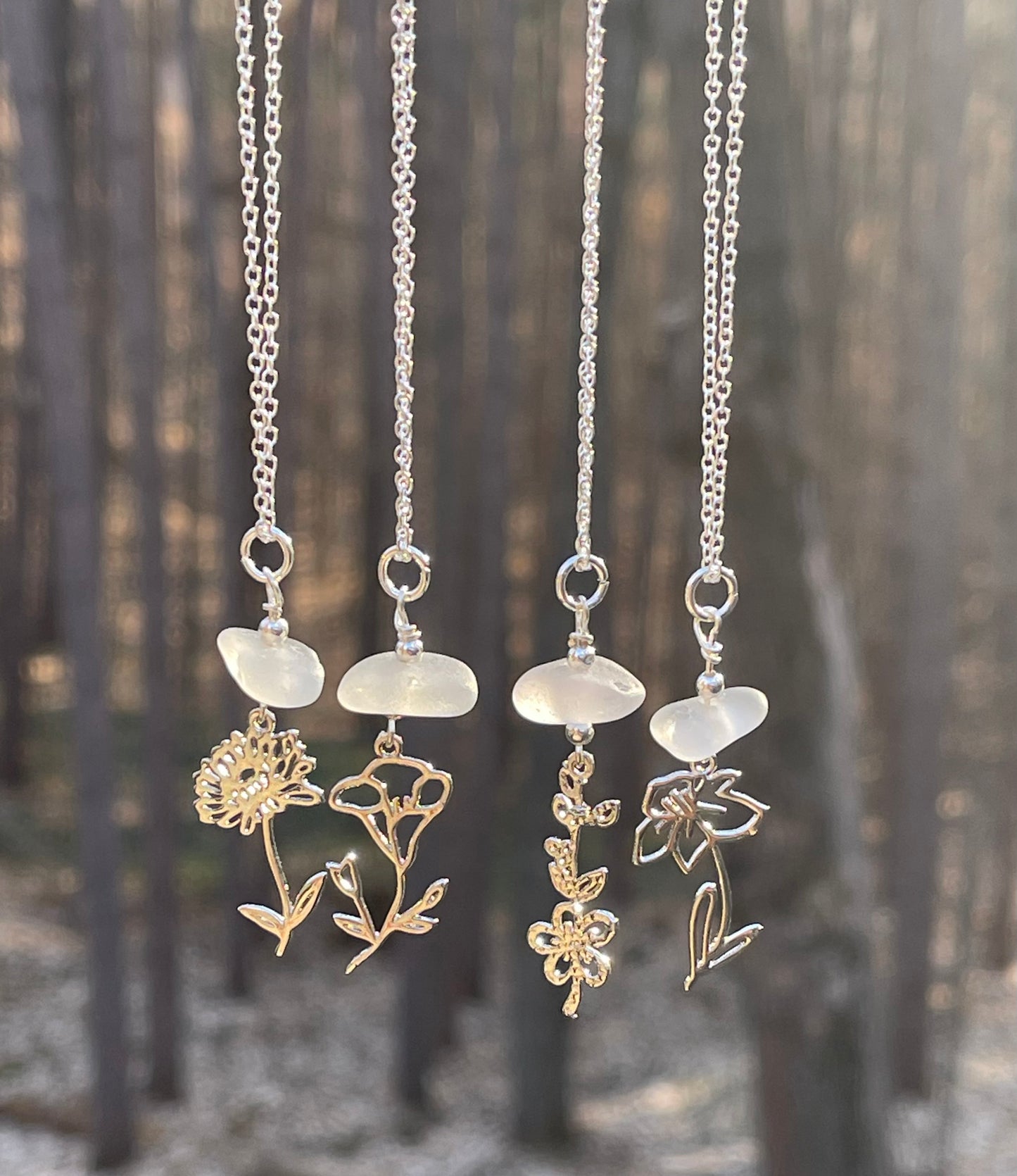 Rhodium Plated Birth Flower + Lake Michigan Beach Glass Pendant