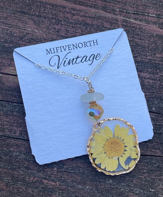 Gorgeous Yellow Vintage Swarovski Crystal, Pressed Daisy Flower and Lake Michigan Beach Glass Pendant Necklace