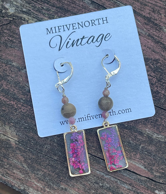 Pink Tourmaline Gemstone, Petoskey Stone, & Pressed Queen Anne's Lace Dangle Earrings