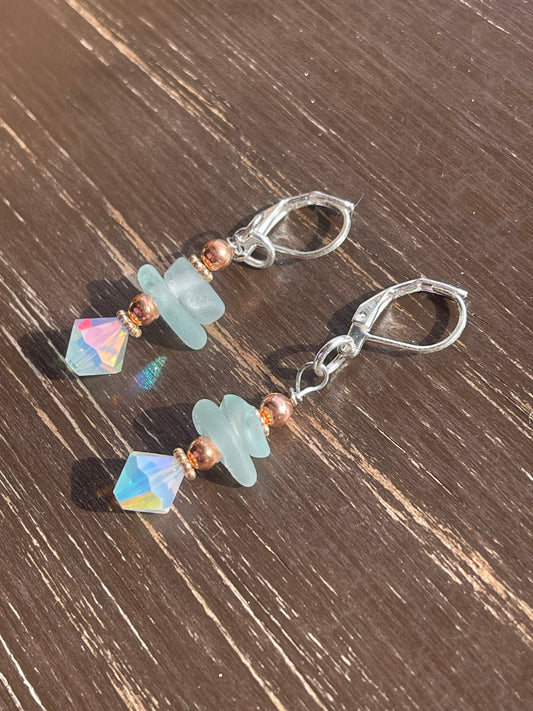 Stunning Light Blue Great Lakes Beach Glass dangle earrings + Vintage Swarovski White Opal Crystals